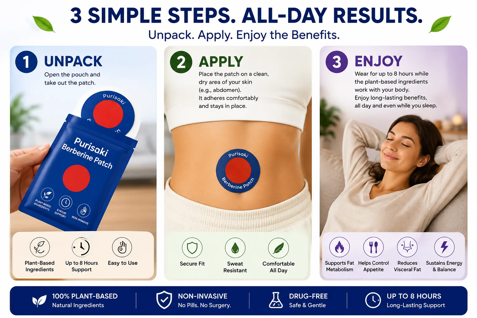 How to use Purisaki Berberine Patch in 3 simple steps: unpack, apply, enjoy